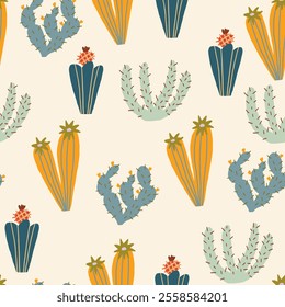 Stylish seamless pattern featuring colorful cactus plants on light background. Vector hand drawn surface design in freehand style