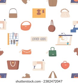 Stylish Seamless Pattern Featuring Leather Bags In Various Designs And Colors, Sewing Machines And Items