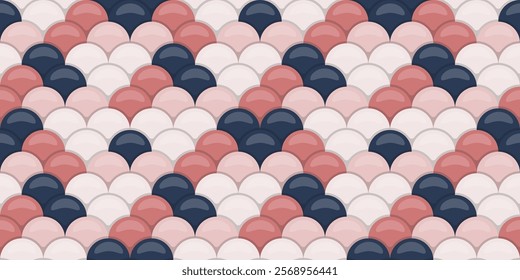 Stylish seamless pattern featuring overlapping pastel pink, mauve, and dark blue rounded shapes, creating a fish scale or wave-like effect.