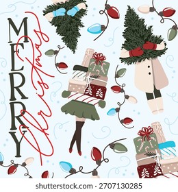 Stilvolles, nahtloses Muster mit Menschen, die Weihnachtsbäume und Geschenkboxen, festliche Lichter und "Frohe Weihnachten"-Schriftzug halten. Gemütliche und moderne Urlaubskunst für saisonale Dekoration und Verpackung