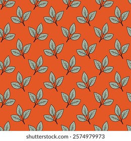 Stylish seamless pattern featuring repeating sprigs of three leaves on a vibrant orange background.  Perfect for textile design, wallpaper, packaging, or any project needing a modern, botanical touch.