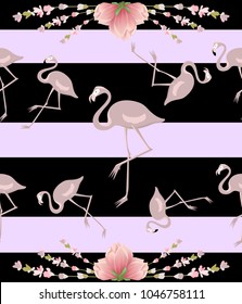 Stylish seamless pattern with flamingo on the black and purple background.  Exotic flower texture. Aloha collection .Exotic Hawaii art background is tropical trendy. Design for fabric, textile.
