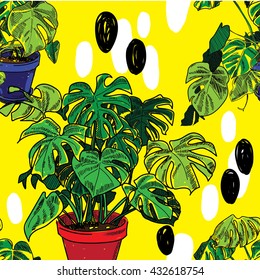 
Stylish seamless pattern with flowers . Houseplant in a pot . Vector freehand drawing . Background in the Scandinavian style .