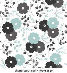 Stylish seamless pattern with flowers, leaves and plants isolated on white background. Template can be used for surface textures, textile,linen, kids cloth, pattern fills and more designs. 
