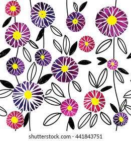 Stylish seamless pattern with flowers . Vector freehand drawing with drops of watercolor paint. Children , simple background in Scandinavian style.