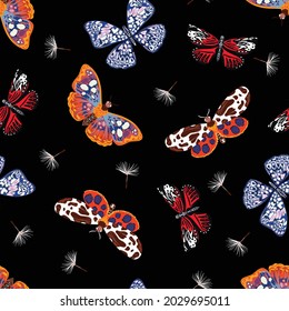 Diseño elegante sin costura de mariposas voladoras con vectores de flor de diente de león soplando EPS10 ,Ilustración Diseño para moda , tela, textil, papel de pared, cubierta, web , envoltura en negro