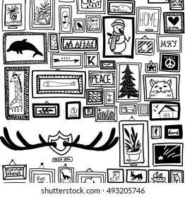 
Stylish seamless pattern with frame. paintings, and antlers. Drawing by hand in a Scandinavian style. Funny detailed drawing.