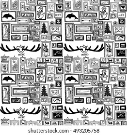 Stylish seamless pattern with frame. paintings, and antlers. Drawing by hand in a Scandinavian style. Funny detailed drawing.