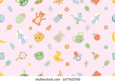 Stylish seamless pattern with funny cartoon animals on a pink background. Colorful vector illustration.