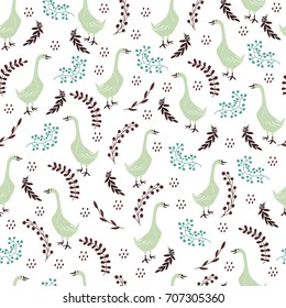 Stylish seamless pattern. Geese and flowers. Vector illustration.
