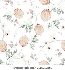 Stylish seamless pattern with gentle pink flowers, exotic gray-green leaves on a white background. Modern texture in doodle style. Design for decor, tile, cover, paper, packaging, wallpaper, textile