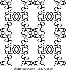 Patrón impecable de curvas calligráficas geométricas negras, ornamentos sobre un fondo blanco. Impresiones antiguas. Ilustración vectorial de material para la decoración y el diseño, papel pintado, papel envolvente, tela.
