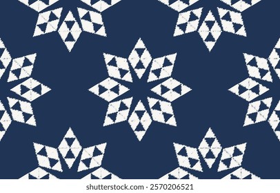 Stylish seamless pattern with geometric snowflake or star motifs. Dark blue and white color palette. Suitable for winter apparel, home decor, holiday packaging, and festive projects.