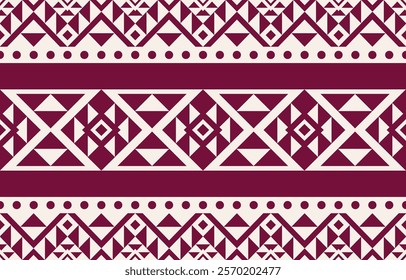 Stylish seamless pattern with geometric tribal motifs. Burgundy and beige color scheme. Suitable for fashion apparel, home decor, interior design, and cultural or artistic projects.