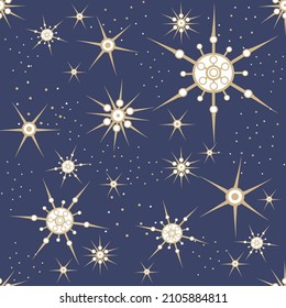 Stylish seamless pattern of  golden snowflakes on a blue background. New Year's festive theme. Vector design for winter decor, print, wallpaper, packaging, web design, textiles, covers, invitations