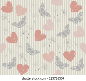Stylish seamless pattern with hearts, butterflies , lines and dandelions. Elegant background can be used for design fabric, greeting card and more designs.