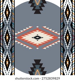 Stylish seamless pattern inspired by traditional Southwestern tribal rug designs. The composition features bold geometric diamond motifs in the center, framed by decorative ethnic stripes and tribal ornaments. The balanced layout and earthy color palette create a warm and authentic cultural aesthetic, perfect for fabric prints, fashion textiles, rugs, home decor, wallpaper, and decorative backgrounds.