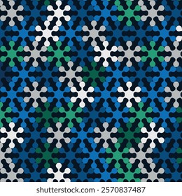 A stylish seamless pattern with interconnected metaball shapes creating a floral-like motif. The design features shades of dark blue, green, and white.