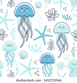 Stylish seamless pattern with jellyfish, seashells, starfish and water plant. Vector marine background.