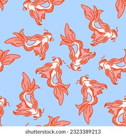 Stylish seamless pattern with koi carp. Vector print, design, background with fish. 