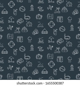 Stylish seamless pattern with laconic travel and vacation icons. Can be used for paper, linen, wallpaper, fabric, fabric design and more creative designs.