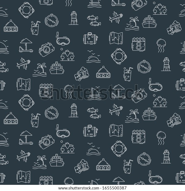 Stylish seamless pattern with laconic\
travel and vacation icons. Can be used for paper, linen, wallpaper,\
fabric, fabric design and more creative\
designs.