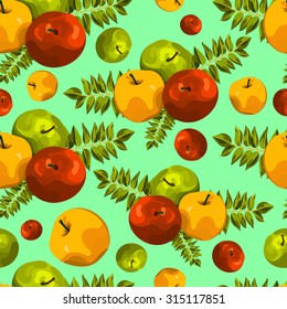 Stylish seamless pattern of leaves and apples. Beautiful background for greeting cards, invitations, textiles, fabrics, wallpaper. Seamless vintage pattern of fruit. Autumn, apple, pattern, harvest.