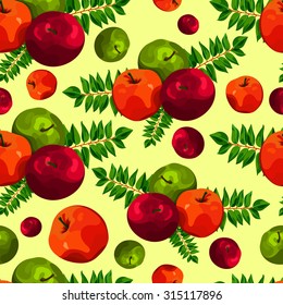 Stylish seamless pattern of leaves and apples. Beautiful background for greeting cards, invitations, textiles, fabrics, wallpaper. Seamless vintage pattern of fruit. Autumn, apple, pattern, harvest.