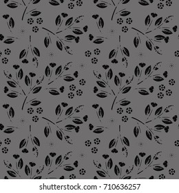 Stylish seamless pattern with leaves and flowers isolated on grey background. Template can be used for surface textures, textile, kids cloth, pattern fills and more creative designs