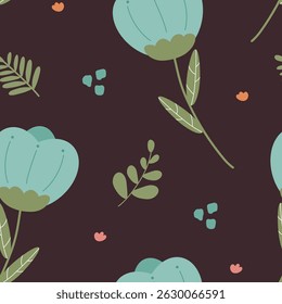 Stylish seamless pattern with light blue flowers on a dark purple background, great for home decor, packaging, or stationery.
