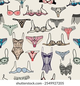 Stylish seamless pattern with lingerie sets: lace bras, panties, thongs and negligee with floral embroidery. Elegant and romantic design for textiles or fashion projects.