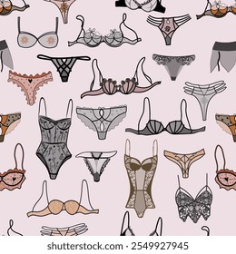 Elegante padrão sem costura com conjuntos de lingerie: sutiãs de renda, calcinhas, tangas e negligência com bordados florais. Design elegante e romântico para têxteis ou projetos de moda.