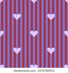 Stylish seamless pattern with little purple hearts on a striped background. Aesthetic background in purple and red shades for textiles, wrapping paper, packaging, etc.