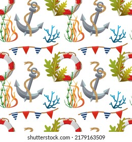 stylish seamless pattern in marine theme.Vector anchor and lifebuoy among algae and corals.For wallpaper,paper,advertising,etc.