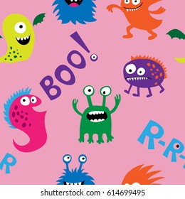 Stylish seamless pattern with a monsters and inscriptions