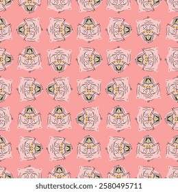 Stylish seamless pattern with muzzles of cats with open mouth and tongue hanging out. Vector print, design, background