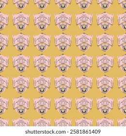 Stylish seamless pattern with muzzles of cats with open mouth and tongue hanging out. Vector print, design, background