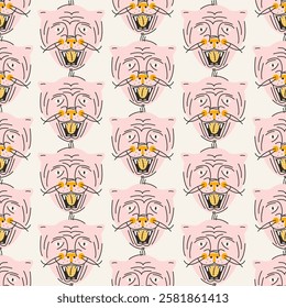 Stylish seamless pattern with muzzles of cats with open mouth and tongue hanging out. Vector print, design, background