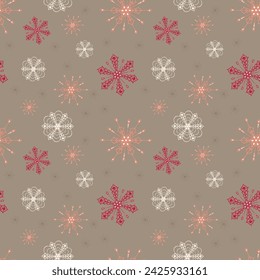 Stylish seamless pattern ofred, white, orange snowflakes on a gray background. New Year's festive theme. Vector design for winter decor, print,  fabric, wallpaper, packaging, web design, textiles