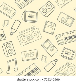 Stylish seamless pattern with old school attributes, electronic devices and music instruments on yellow background. Back to 90-s concept. Vector illustration for wallpaper, website backdrop.