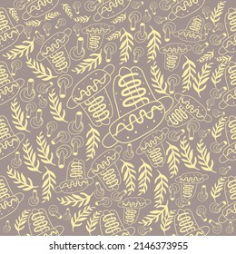 Stylish seamless pattern on a beige background with delicious hot dog, mushrooms and mint. Texture for scrapbooking, wrapping paper, invitations. Vector illustration.