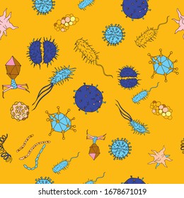 Stylish Seamless pattern on a bright background with different types of multi-colored viruses. Vector patterns with types of viruses. Graphics for screensavers or textiles.