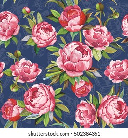 Stylish Seamless pattern on floral background with Peonies flowers