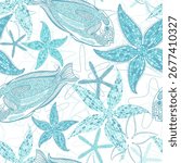 Stylish seamless pattern on marine theme with cute fish and starfish on white. Vector. Perfect for design templates, wallpaper, wrapping, fabric, print and textile. 
