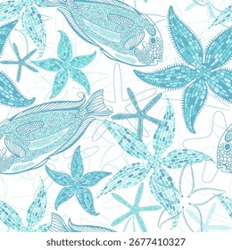 Elegante padrão sem emenda no tema marinho com peixe bonito e estrela-do-mar no branco. Vetor. Perfeito para modelos de design, papel de parede, embalagem, tecido, impressão e têxtil. 