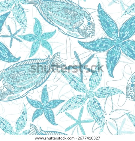 Stylish seamless pattern on marine theme with cute fish and starfish on white. Vector. Perfect for design templates, wallpaper, wrapping, fabric, print and textile. 