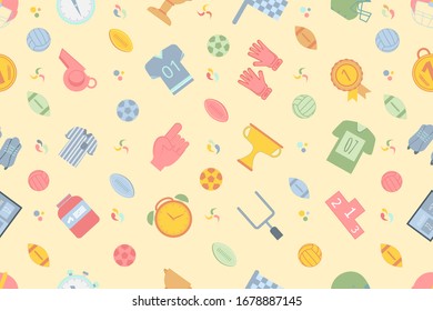 Stylish seamless pattern on the theme of sports, football on a light yellow background. Colorful vector illustration.