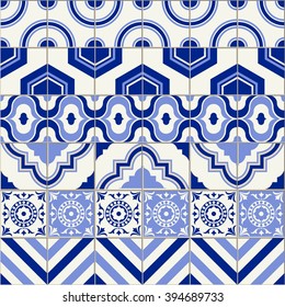 Stylish seamless pattern patchwork mix of six Moroccan tiles in trendy shades of blue.