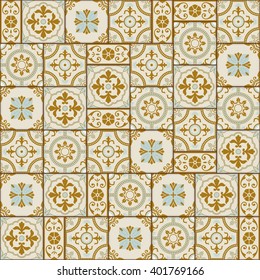 Stylish seamless pattern patchwork mix of  Vintage  from  Moroccan, Portuguese, Azulejo tiles , retro ornaments.  Template for interior design in trendy shades of brown, sepia