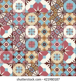 Stylish seamless pattern patchwork mix of  Vintage  from  Moroccan, Portuguese, Azulejo tiles , retro ornaments.  Template for interior design in trendy shades .